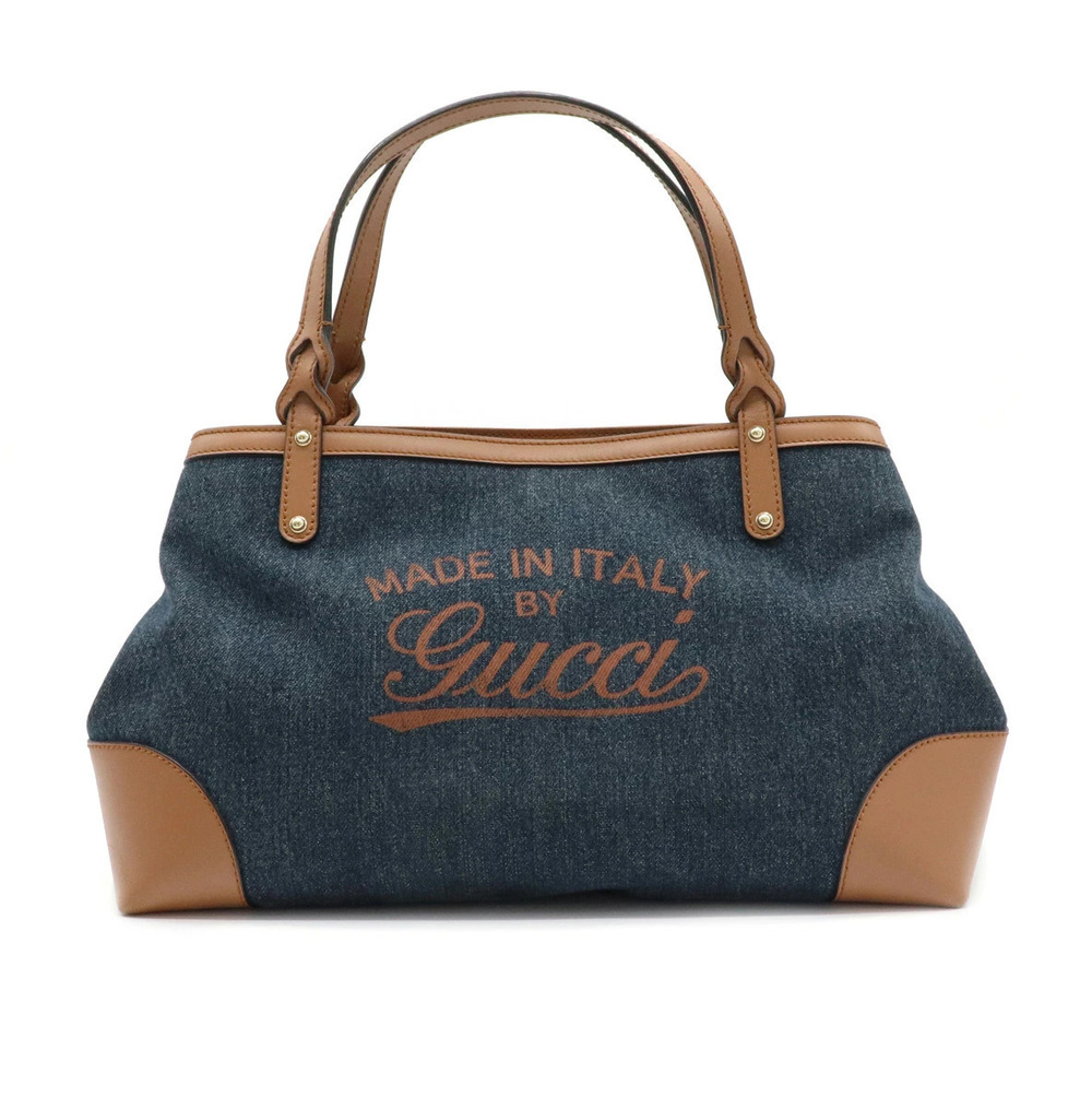 Gucci Denim Tote Bag Shoulder Leather Blue Brown